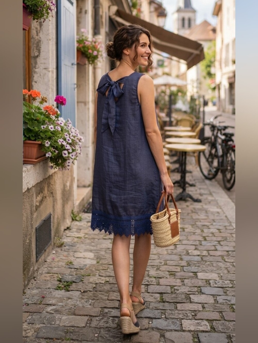 Rosemarine Italy Blue Linen Tie Back Tunic Dress Large Crochet Hem